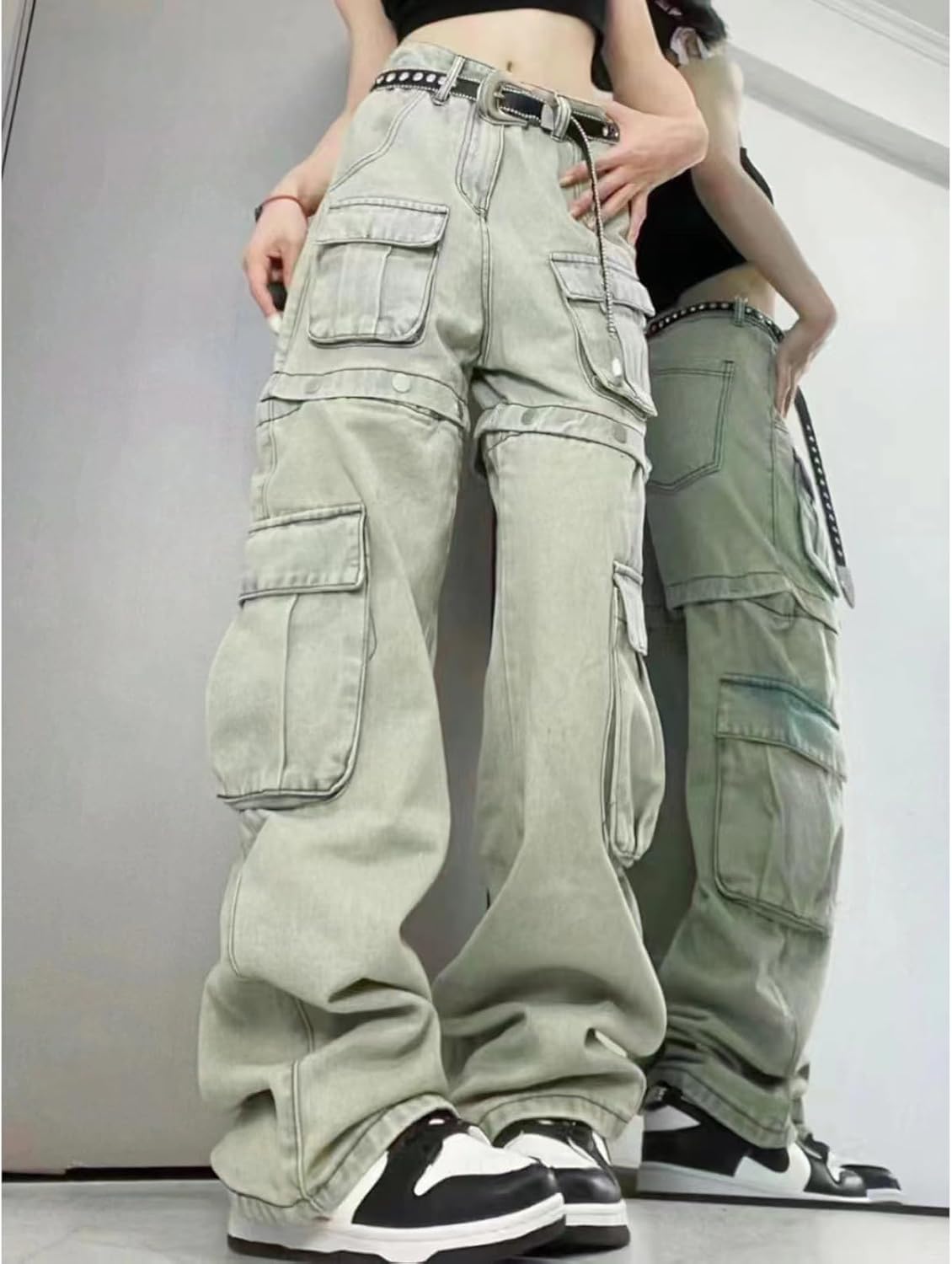 Women's Gothic Overalls Vintage Multi Pocket Washed Jeans High Waisted Straight Tube Loose Fitting Pants Jeans - Image 2