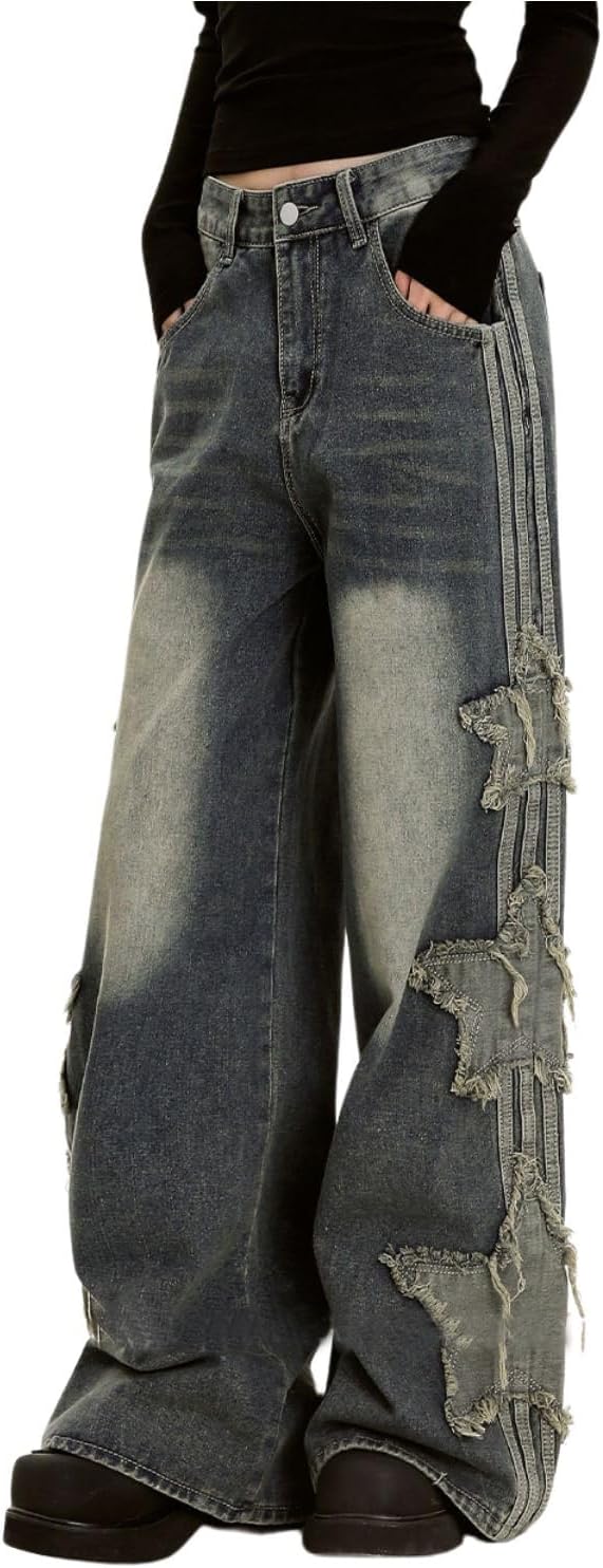 Baggy Jeans for Woman Girls Star Patchwork High Waist Cute Jeans Streetwear Loose Pants Grunge Clothing - Image 2