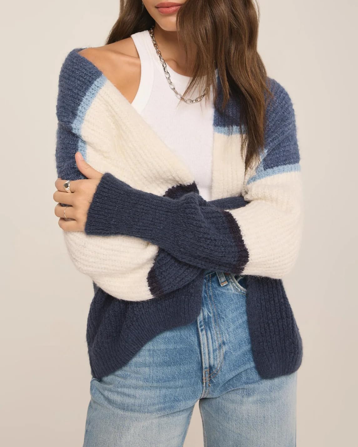 Women's Striped Knitted Sweater Cardigan Open Front Cable Knit Sweater Casual Oversized Spring Jacket - Image 2