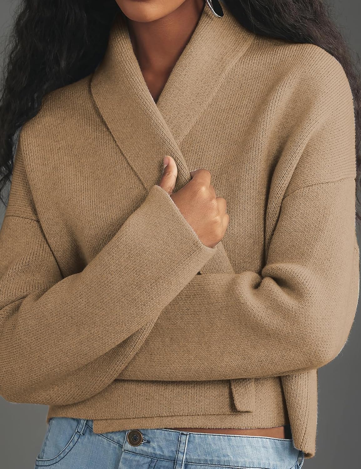 Womens Cropped Cardigan Sweaters Chunky Knit Shawl Collar Sweater Jacket Trendy Fall Winter Cardigans - Image 2