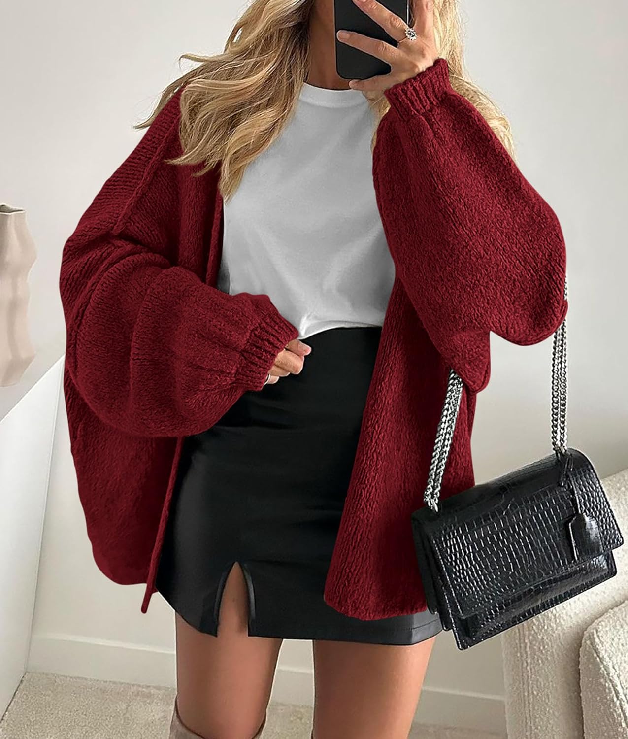 Womens Oversized Cardigan Sweaters 2025 Fall Long Lantern Sleeve Knit Open Front Lightweight Sweater - Image 2